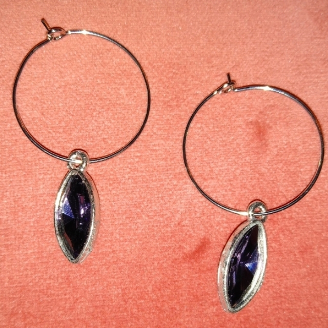 Smoky Purple Marquis Rhinestone Silver Charm Hoop Earrings Crystal Hoops Katta